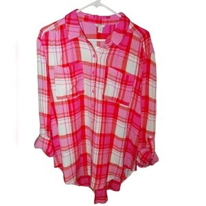 Cato Pink and Red Plaid Button-Up Shirt W/button Sleeves, Size M Nwt